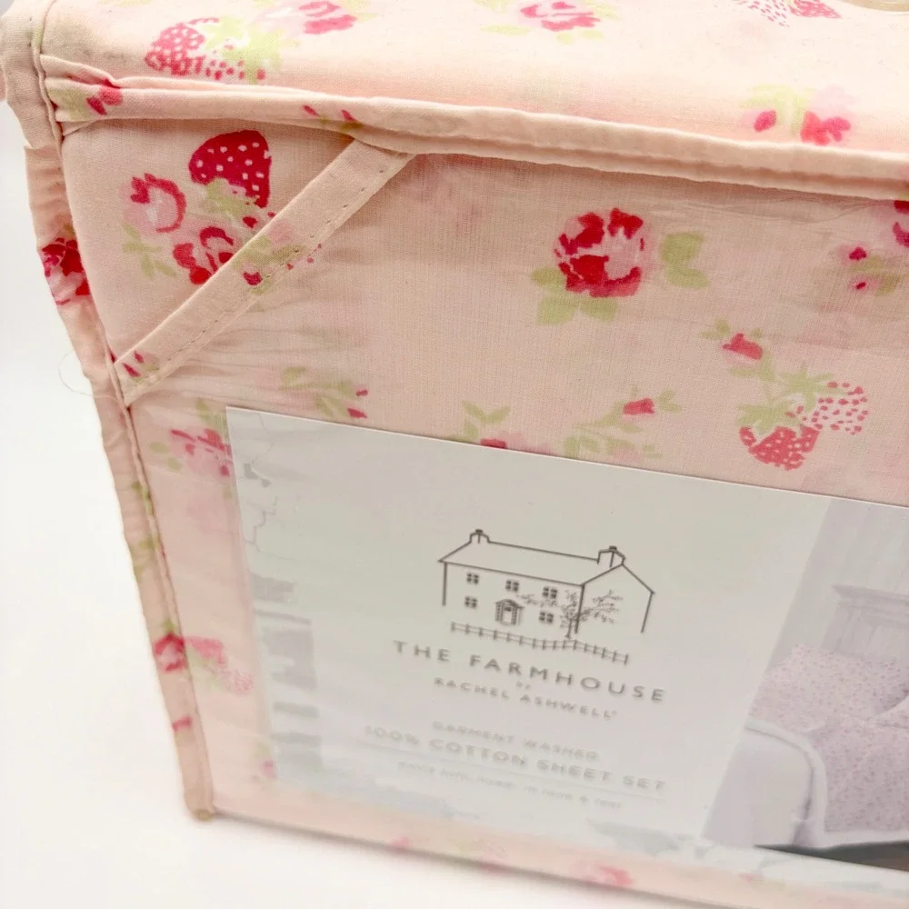 Rachel Ashwell The Farmhouse Queen Sheet‎ Set Pink Floral Strawberry 100% Cotton